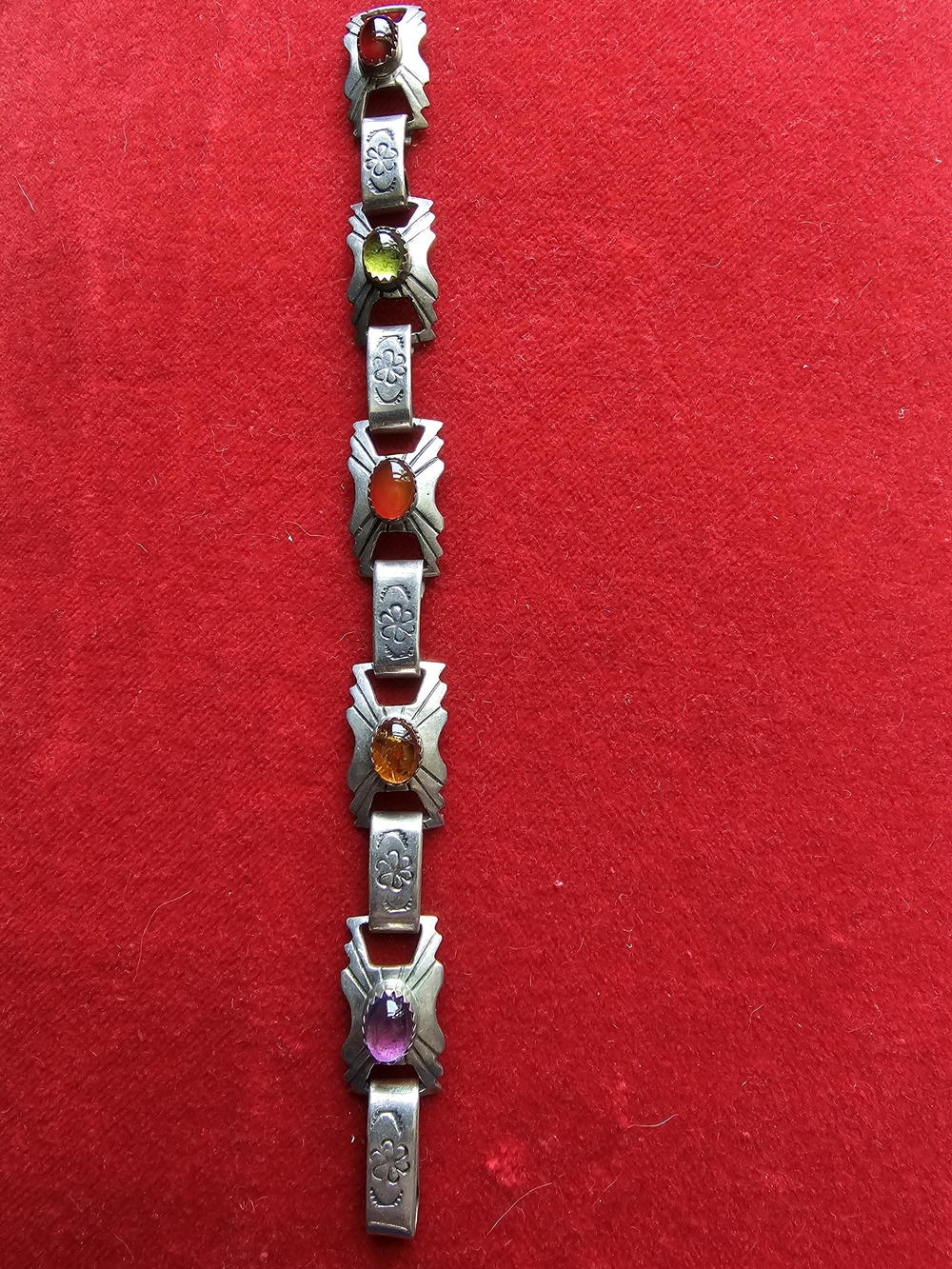 Navajo Art Sterling SILVER WITH 5  Gemstones  Link Bracelet - Multicolor